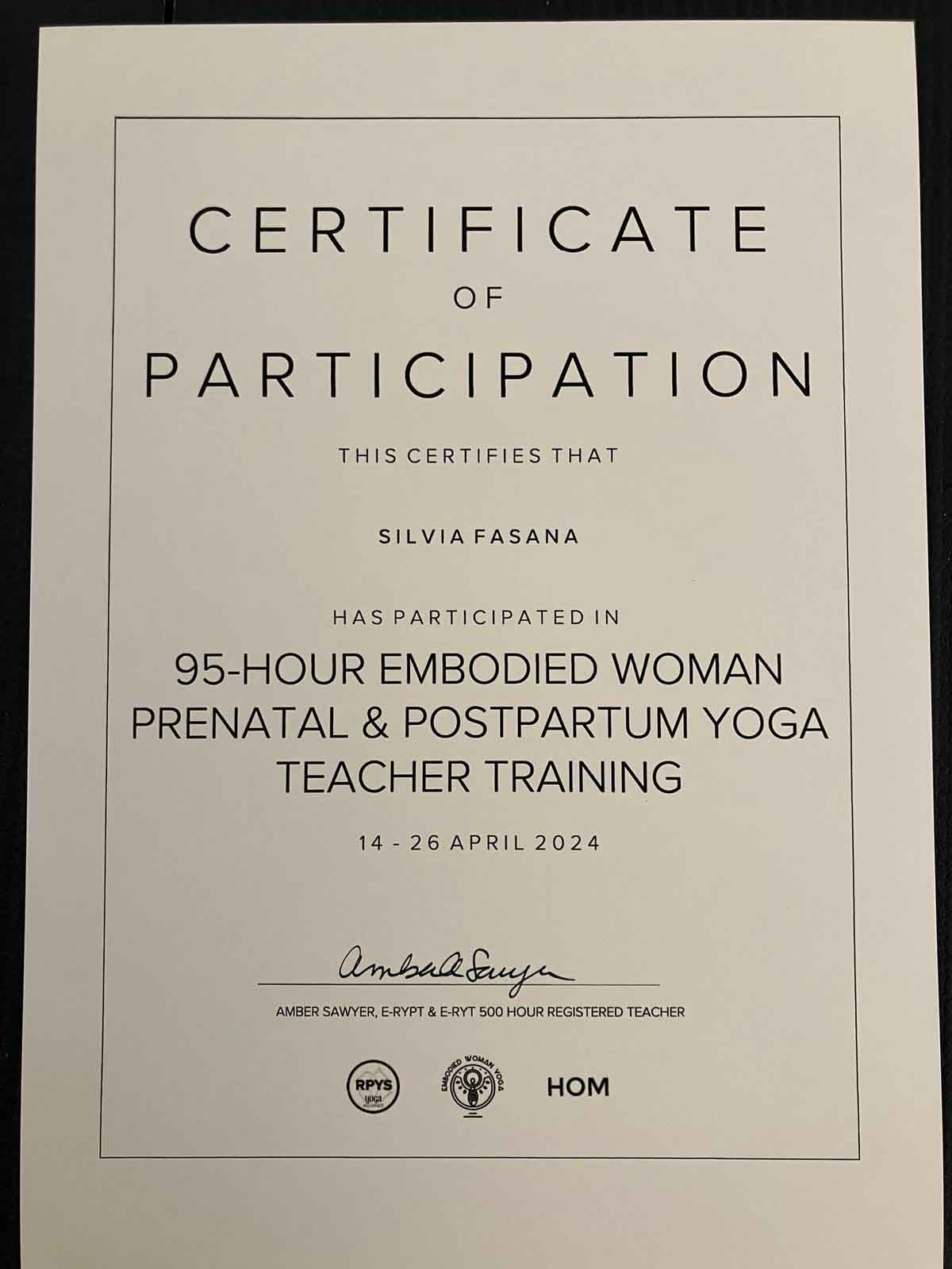 Certificate of Participation for PreNatal and PostNatal Yoga Instructor Course | Caring Silvy