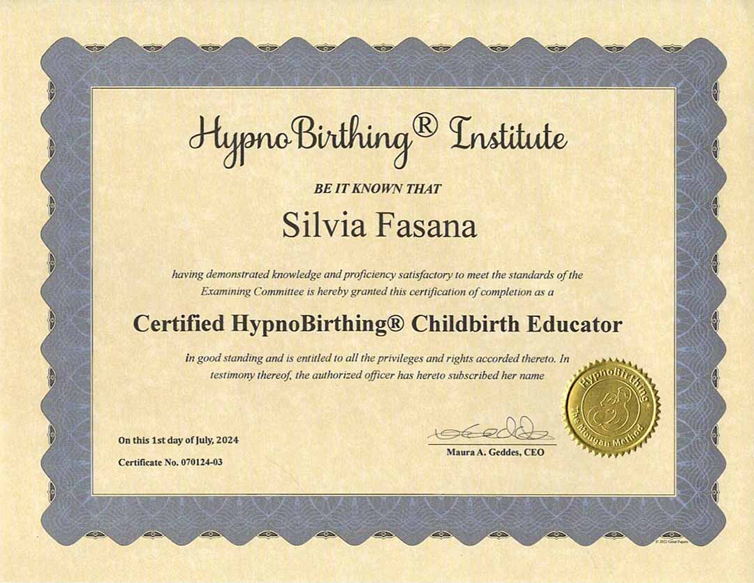 HypnoBirthing® Certificate for Silvia Fasana | Caring Silvy