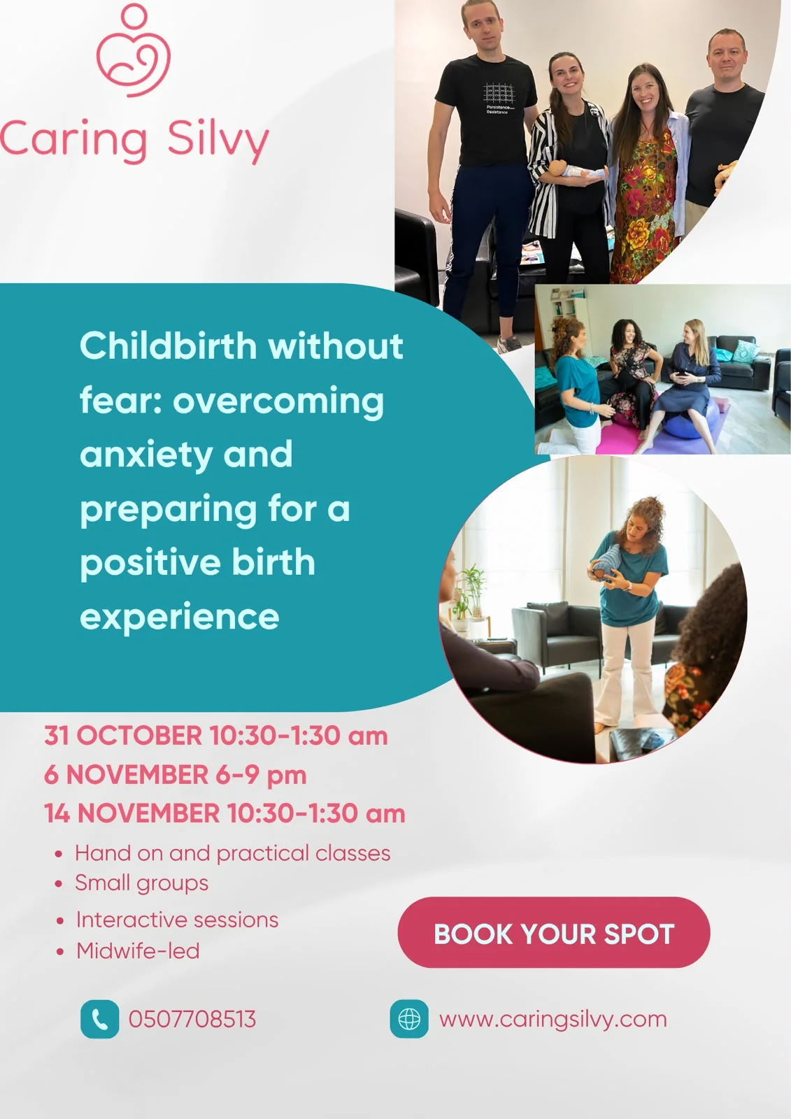 Caring Silvy childbirth preparation poster with classes on 31 October, 6 November and 14 November.