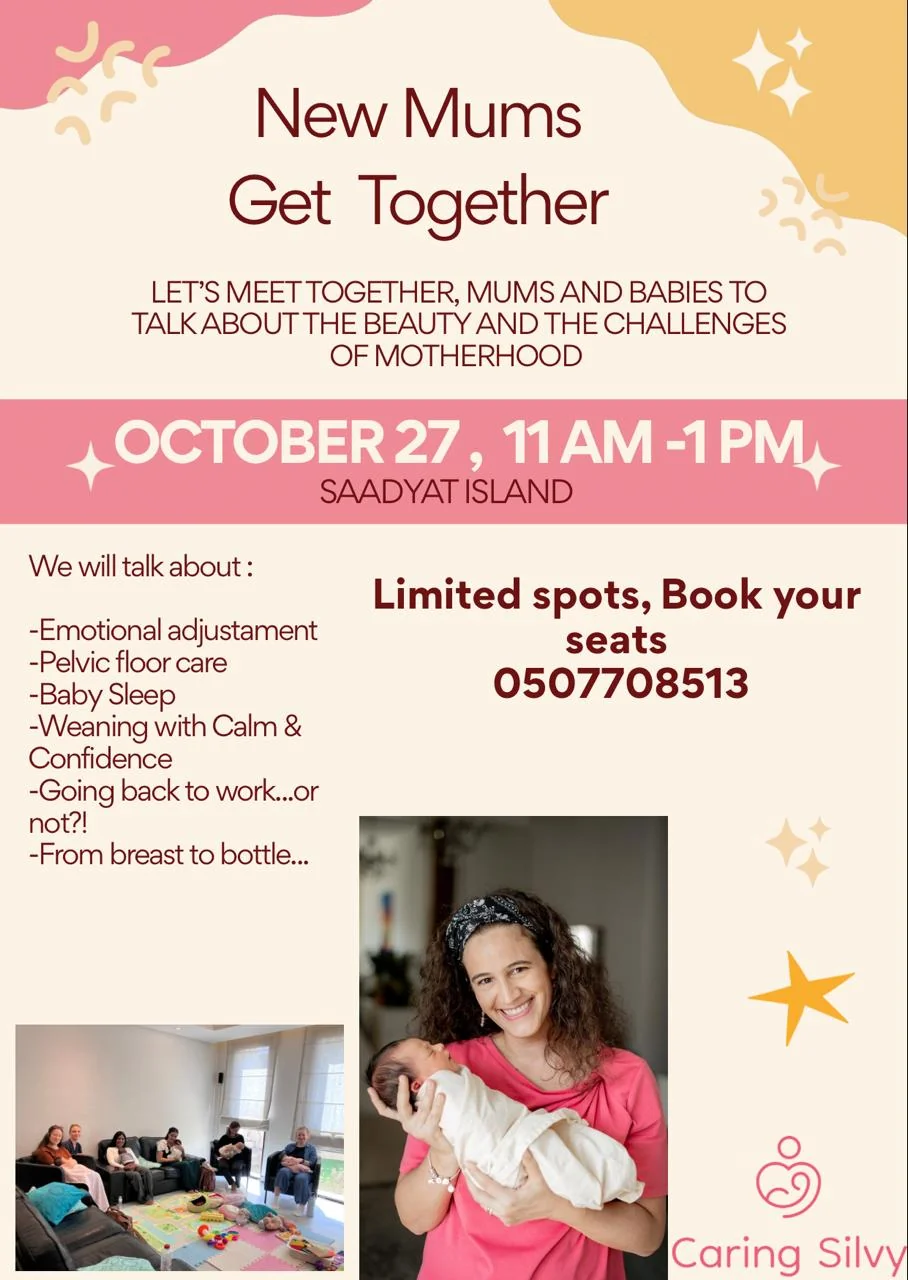 New Mums Get Together poster for 27 October, 11 am–1 pm, on Saadiyat Island.