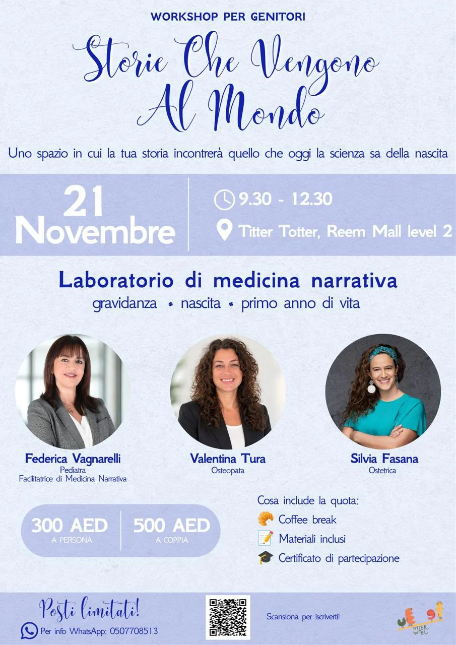 Storie Che Vengono Al Mondo parent workshop poster for 21 November at Titter Totter, Reem Mall level 2.